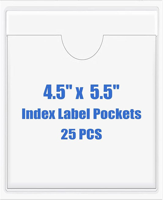 Origin-Joy 25 PCS Self-Adhesive Index Label Pockets, Clear Plastic Peel & Stick Card Holders with Top Open for Loading (4.5 x 5.5 inch)