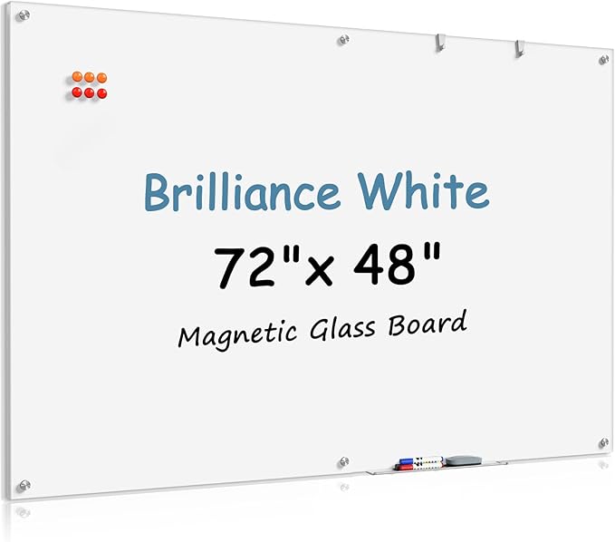 MaxGear Glass White Board 72x48 Inches Brilliance White Magnetic Dry Erase Board Wall Mounted Whiteboard, Large Frameless Whiteboard with 1 Eraser,3 Markers and 6 Magnets for Office, School, Home