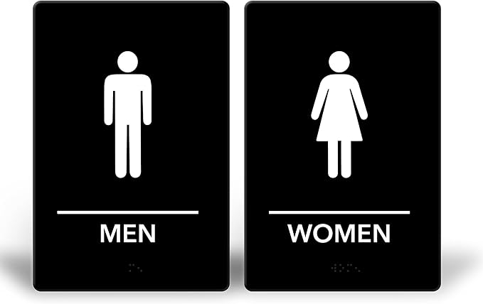 Promot Men and Women Restroom Sign – ADA Braille Bathroom Sign for Business, Self-Adhesive, 9" x 6", Commercial Door Signage, Office Wall Decor - Black