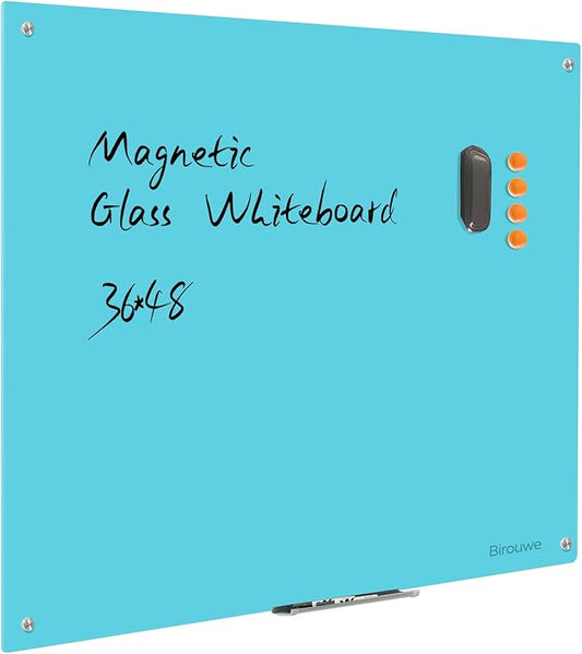 Magnetic Glass Dry Erase Board - White Board 48 x 36 Inch Wall Mounted Glass Whiteboard, Large Frameless Glass White Board for Wall Office, Home & School, Blue