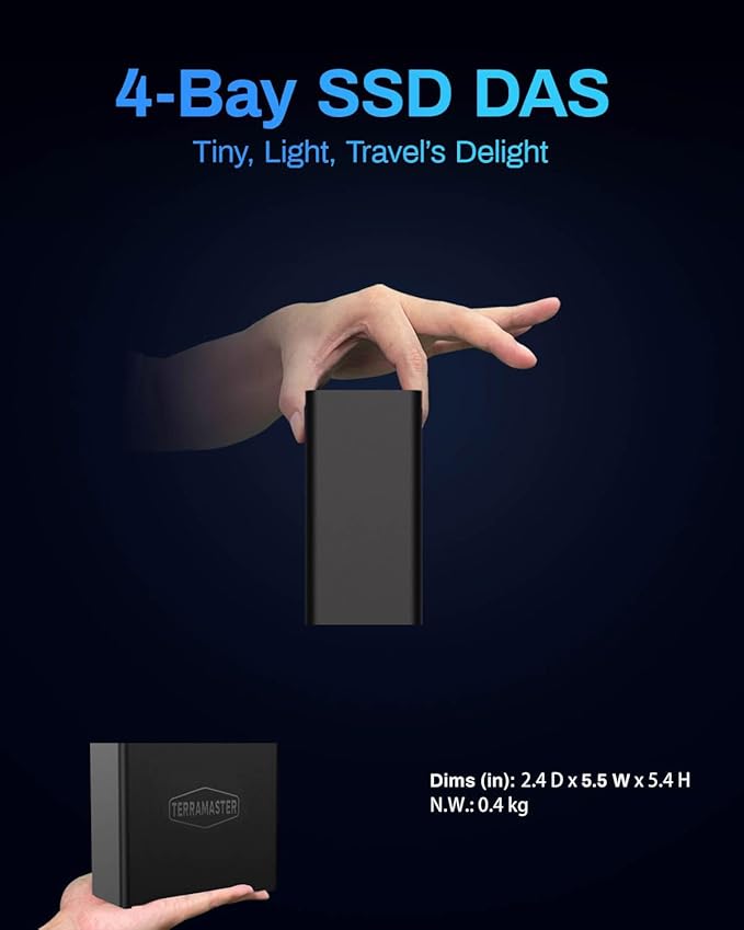 TERRAMASTER D4 SSD NVMe Enclosure - 40Gbps 4Bay, USB Storage Type-C Supports 4xM.2 NVMe 2280 SSDs, Compatible with USB 4/3.2/3.1/3.0, Thunderbolt 5/4/3, Mobile App for Data Backup Included (Diskless)