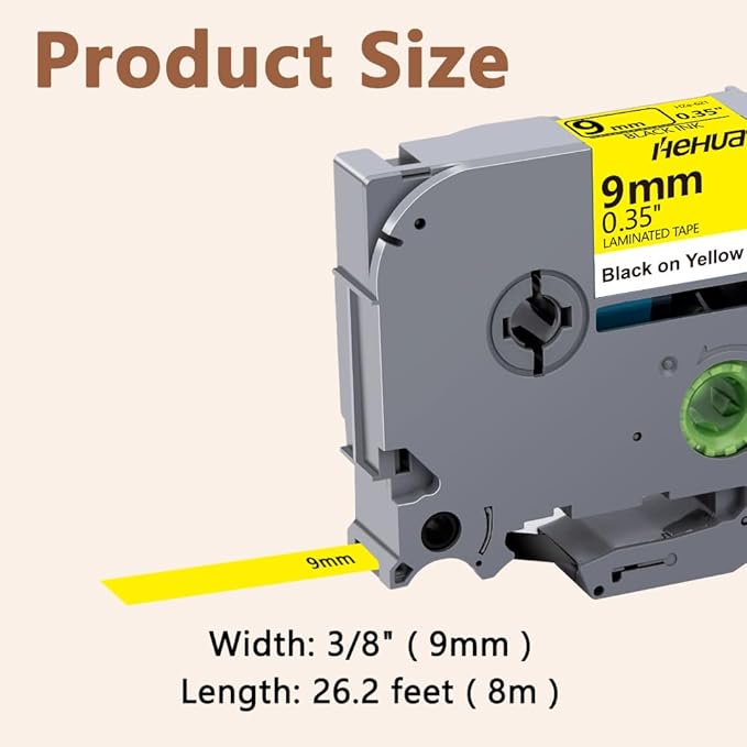 Hehua Tape Tze Tz 9mm 0.35 Laminated Yellow Compatible for Brother P-Touch TZe-621 TZe621 TZ-621 TZ621 Tape for Ptouch PT D210 D220 D200 D610 H110 1880, 3/8'' x 26.2ft Black on Yellow, 3 Pack