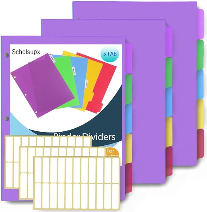 3 Set 5 Tab Binder Dividers, Plastic Binders Dividers with Tabs Colorful Big Tab Fit Standard 8.5 X 11 Sheets, Dividers for 3 Ring Binder