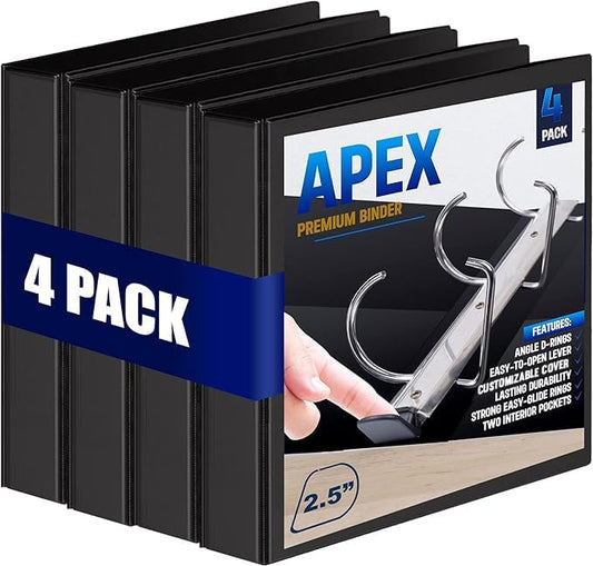 4 Pack of 2.5” Smooth Opening Angle D-Ring View Black Binders, Professional Presentation Folder for Standard Pages with Inside Pockets, and Customizable Clear View Binder PVC-Free