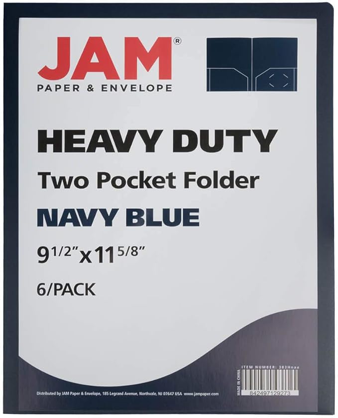 JAM PAPER Heavy Duty Plastic 2 Pocket Extra Tough School Folders - Navy Blue - 6/Pack