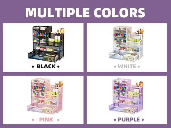 Marbrasse Mesh Pen Holder for Desk, Multi-Functional Pencil Organizer with Drawer, Desk Organizers and Accessories for Office Art Supplies (Purple)