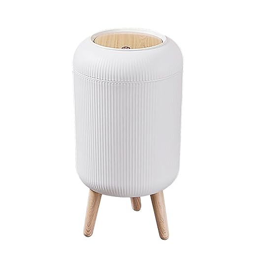 Trash Can With Lid for Bathroom, 2 Gallon/10 Liter Round Garbage Bin With Press Top, Plastic Modern Wastebasket With Soft Close, Container for Bedroom, Living Room, Office (White)