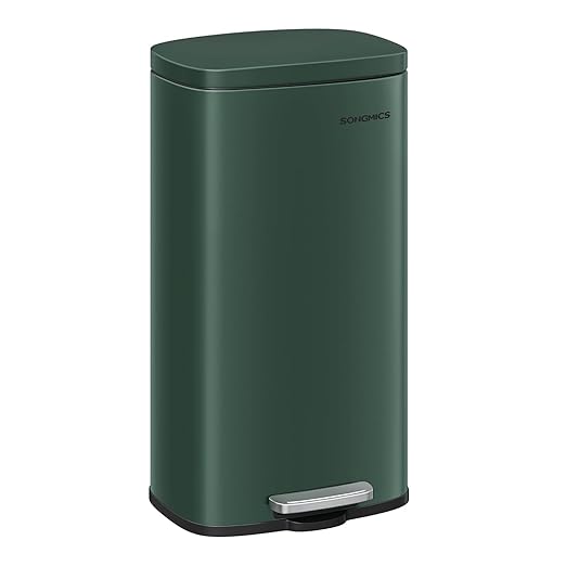 SONGMICS Trash Can with Lid, 8 Gallon Garbage Can, Stainless Steel Small Waste Bin with Step Pedal and Inner Bucket, Soft Close, Kitchen, Retro Green ULTB003C01