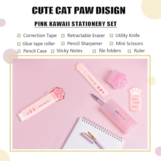 Cute Pink School Supplies, Kawaii Stationary Set, Japanese Stationery Birthday GIFS, Includes Pencil Sharpener,Eraser, Correction Tape, Ruler, Mini Scissors,Utility Knife, for Office Supplies