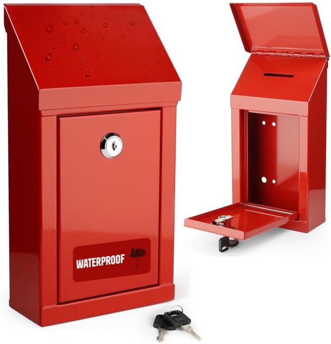 Metal Donation Box-Suggestion Box with Slot and lock-Cash Lock box for Money-Drop Box-outdoor waterproof mailbox and ballot box-comes with pre-drilled holes for easy wall mounting 10 X 6 X 2.5"(Red)