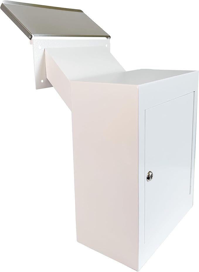 Through-The-Wall Drop Box with Rainproof Cover | Heavy Duty Through Wall Mailbox with 10-Inch Adjustable Chute | Rainproof Locking Drop Safe for Mail, Rent, Checks, Cash, and Keys, White