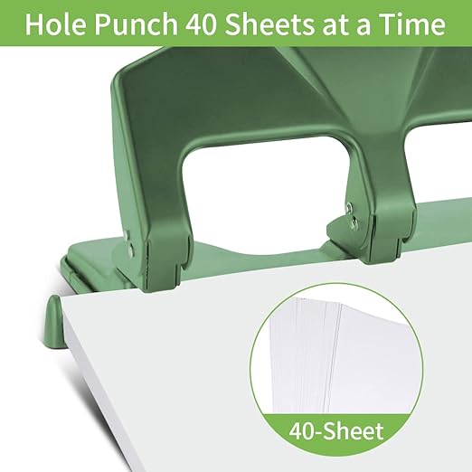 Heavy Duty 3 Hole Punch, 40-Sheet Heavy Duty Paper Punch, 50% Reduced Effort 3-Hole Punch, AFMAT Metal Hole Puncher 3 Ring, Three-Hole Paper Puncher w/Large Chip Tray for Classroom, Office, Green