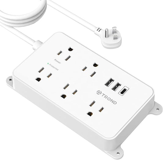 TROND Power Strip with USB, 10ft Extension Cord Surge Protector, 5 Widely Spaced Outlets with 3 USB Ports, ETL Listed, 1300J, Low-Profile Flat Plug, Wall Mountable, White