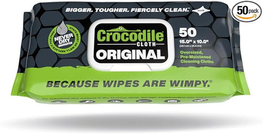 Crocodile Cloth Original Cleaning Wipes – 50 (15” x 10”) Hand & Tool Industrial Cleaning Wipes – Large Multi-Surface Cleaning Cloths, Water-Based Solution with Extreme Cleaning Power — Safe on Skin