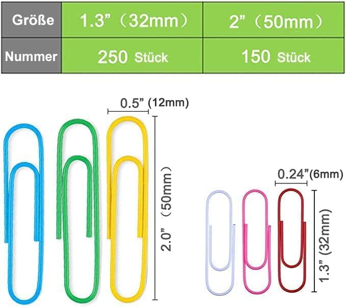 Colored PaperClips Assorted Sizes 400 Pieces, 2"（50mm） Large Paper Clips and 1.3" （33mm） Paper Clips Medium Size, Sturdy Coated PaperClips Smooth for Office School and Personal Use