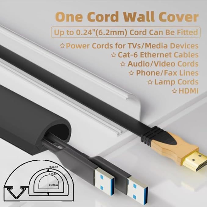 RPXRPXSide Open One Cord Cable Raceway Wire Cover for Cords, Our Cable Track is Best Suited for one Wire (Diameter <0.27"),Wire Raceway Management Cable Concealer Channel (Black, 390in)