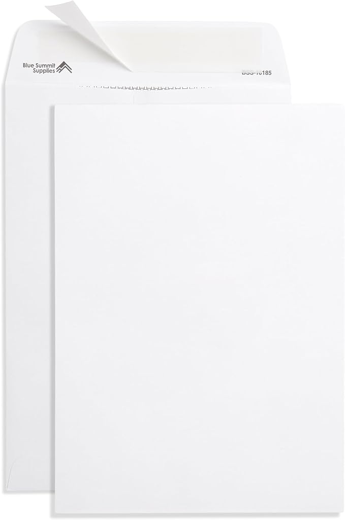 Blue Summit 7x10 Envelopes for Mailing, 100 White 7 x 10 Envelopes, 7.5 x 10.5 Security Tinted, Thick 28lb Paper, Self Seal