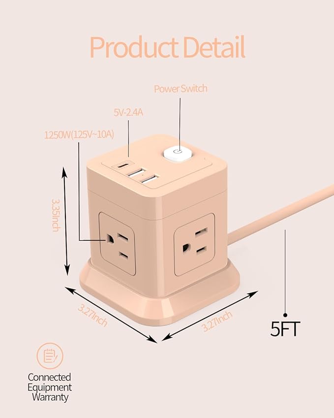 Cube Power Strip, FDTEK 4 Widely Spaced Outlet with 3 USB (1 USB C) Flat Plug Power Strips with Long Extension Cords Space Save Compact Portable for Travel Home Office Cruise (Pink)