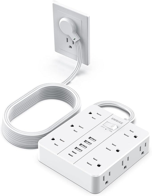 Surge Protector Power Strip 15 Ft Extension Cord, 12 Widely Spaced Outlets 6 USB (2 USB C) Ports, Ultra Thin Flat Plug Surge Protection for Home, Office, Dorm Room Essentials