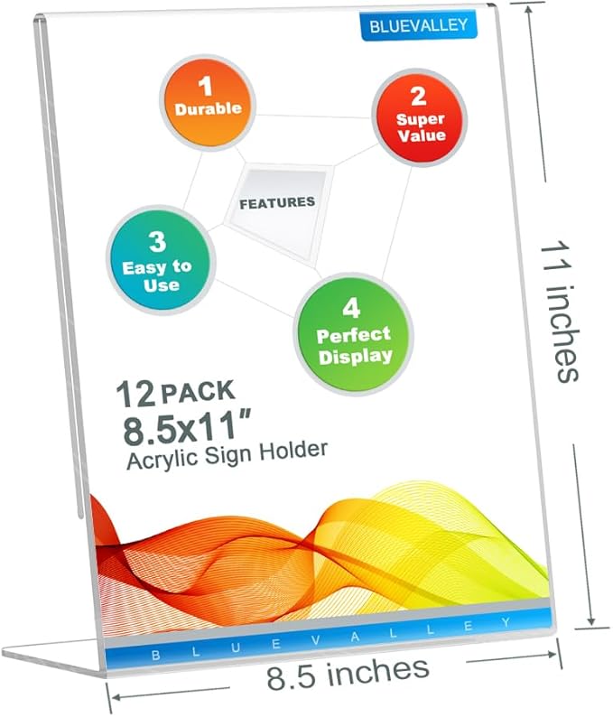 BlueValley Acrylic Sign Holder 8.5x11 Vertical - Clear Slanted Back Plastic Paper Display Stand for Menu, Flyer, Document - Table Top Sign Holder Certificate Frame for Office, Retail, Restaurant, Fairs - 12 Pack