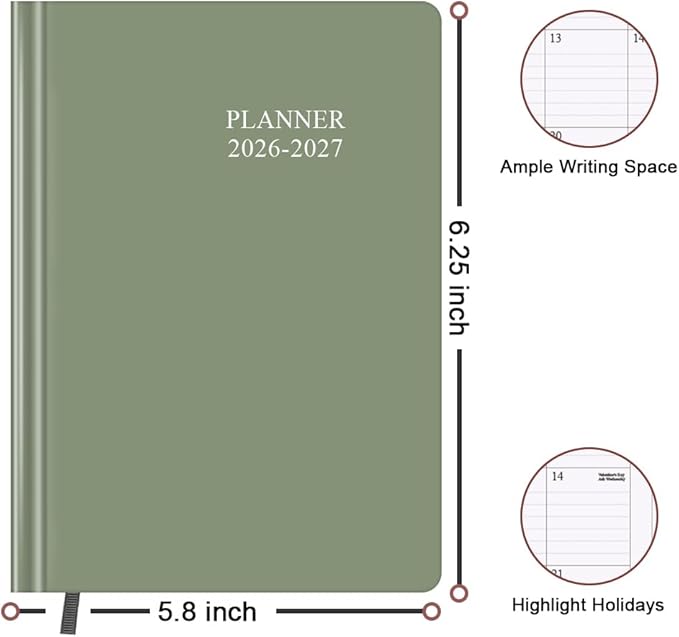 Planner 2026-2027 - 18 Months (Jan 2026 - Jun 2027) Agenda Planner 5.8" x 8.5", 2026-2027 Weekly & Monthly Planners with Hard Cover, Green