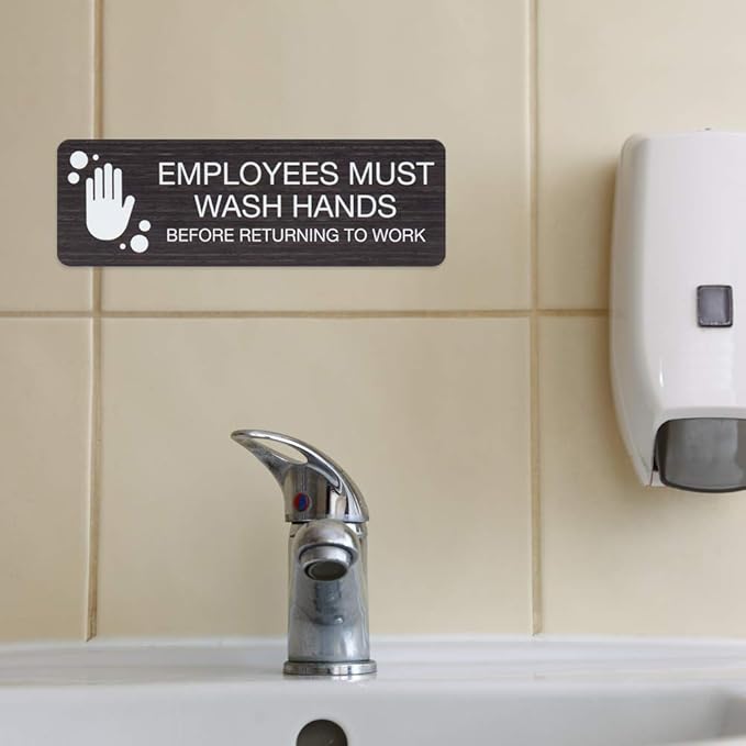 SBLABELS Employees Must Wash Hands Indoor Easy Adhesive Mount Door and Wall Sign for Restaurants and Small Businesses 3" x 9" - Dark Wood