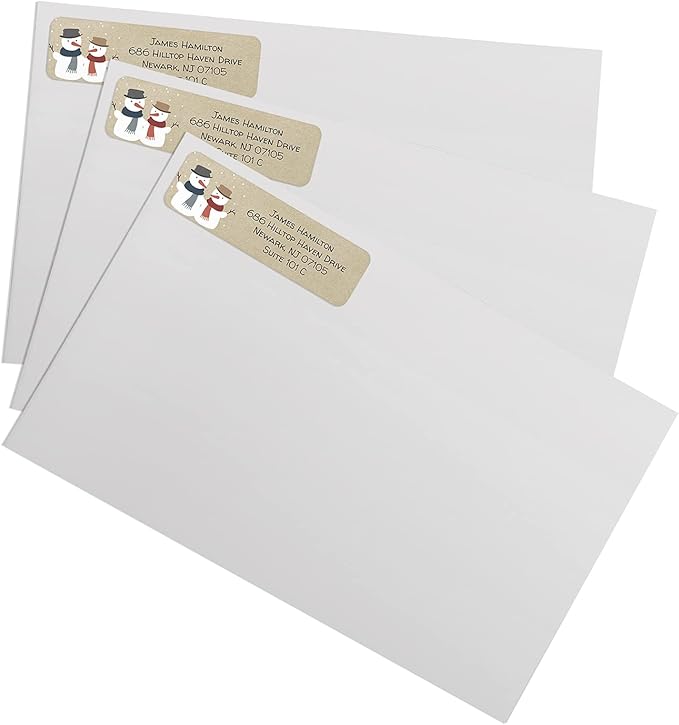 Kraft Snowmen Rolled Address Label/Roll of 250 Rustic Holiday Personalized Address Labels/Designer Return Address Stickers in Elegant Plastic Dispenser