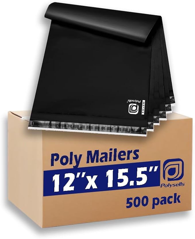 POLYSELLS 500 pcs 12x15.5 Inches Black Poly Mailers Shipping Envelopes, Strong Adhesive Sealing, Waterproof, and Tear-resistant Postal Mailing Bags for Clothing, Books, and Accessories
