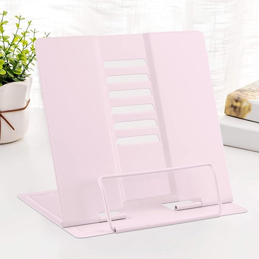 MSDADA Book Stand Metal Reading Rest Book Holder Adjustable Cookbook Documents Holder Portable Bookstands for Recipes Textbooks with Page Clips Birthday Gifts for Girls Mom Students(Macaron Pink)