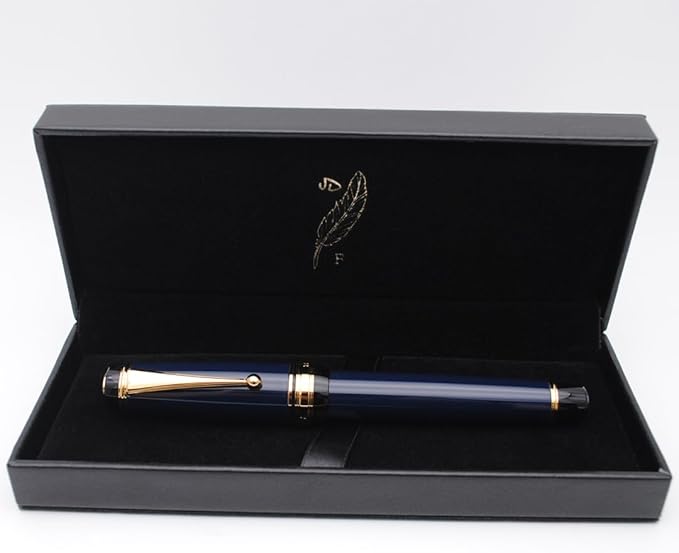 Metal Big Fountain Pen Set Medium Nib 0.7mm, Includes Ink Refill Converter, 5 Ink Cartridges & Gift Box (Medium Nib 0.7mm, Dark Blue)