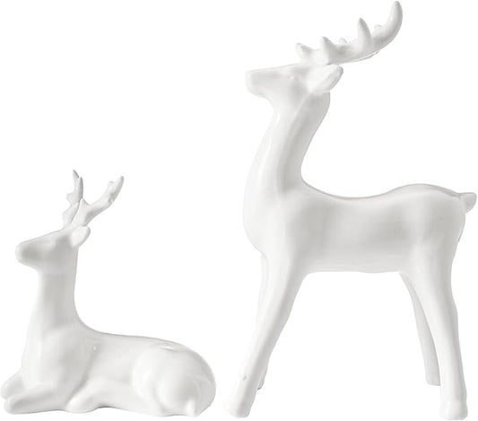 WDS WONDROUS Christmas Decoration Indoor Reindeer Figurines, Set of 2 White Christmas Reindeer Statues Decor, Ceramic Deer Sculptures Xmas Decorations for Table Top Winter Mantel Home Decor