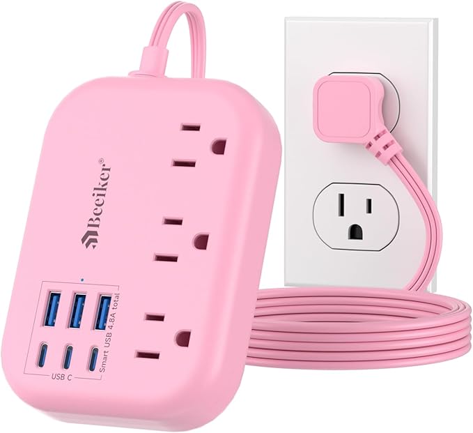 6 USB(3 USB C) Pink Power Strip- 5Ft Extension Cord with 6 USB Charging Station 24W/4.8A and 3 Outlets, Desk Accessories for Cruise Travel Pink Cute Kawaii College Dorm Desk Home Essentials