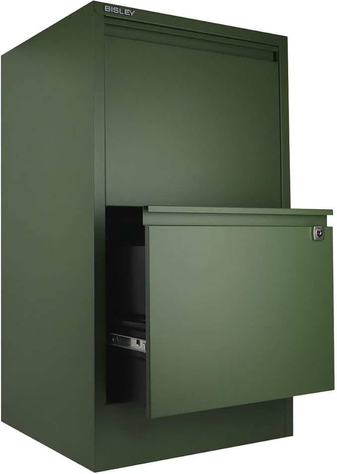 Bisley 2-Drawer Flush Front Vertical File Cabinet - Olive Green, 2 Hanging File Drawers, Powder-Coated Steel, Locking Drawers