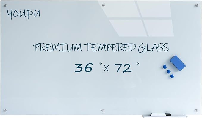 Magnetic Glass White Board 72"X36" Premium Tempered Dry Erase Boards Wall Mounted Frameless Whiteboard Message Writing Boards (White)