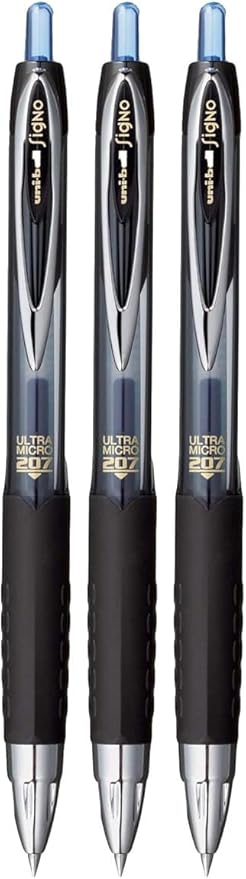 Signo 207 Roller Ball Retractable Gel Pens, Ultra Micro Point (0.38mm), Blue Ink, 3 Count, Bundle with Plastic Reusable Pouch