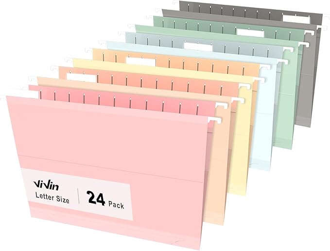 ViVin Hanging File Folders, 1/5-Cut Adjustable Tabs with 24 Per Box, 1 Inch Expansion, 24 Pack Letter Size Hanging File Folders, Designed for Office Home School Filing Cabinet(Assorted)