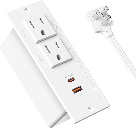 Recessed Power Strip USB C PD 30W Fast Charging,Flush Mount Desk Recessed Outlet,Space-Saver for Furniture Side Table,2 USB Ports,2 AC Outlets,6ft Cord,Ultra Thin Flat Plug,White