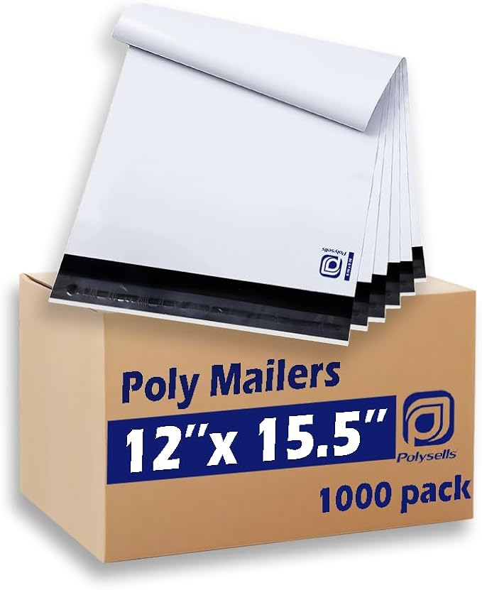 POLYSELLS 1000 pcs 12x15.5 Inches White Poly Mailers Shipping Envelopes, Strong Adhesive Sealing, Waterproof, and Tear-resistant Postal Mailing Bags for Clothing, Books, and Accessories
