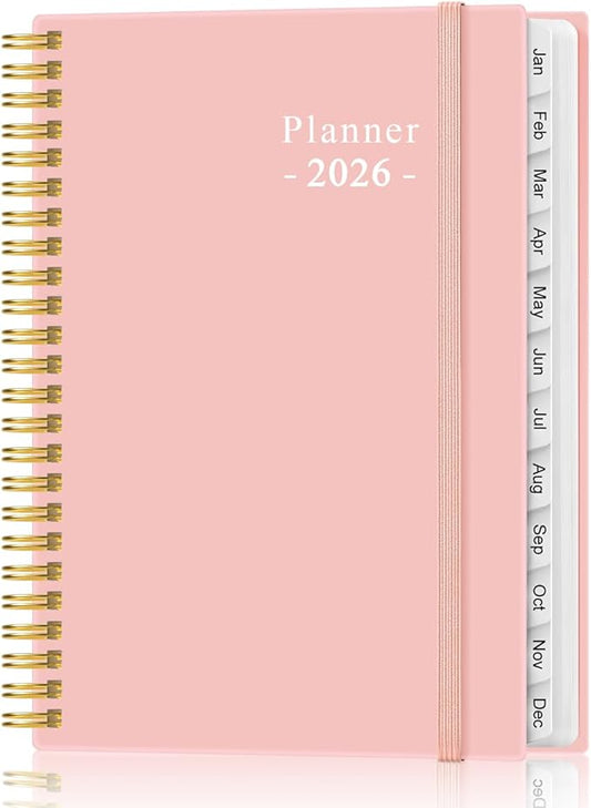 2026 Planner - Planner 2026 from January 2026 - December 2026, Weekly & Monthly Planner Spiral Bound with 12 Monthly Tabs, Inner Pocket, 6.4" x 8.5", Pink-E