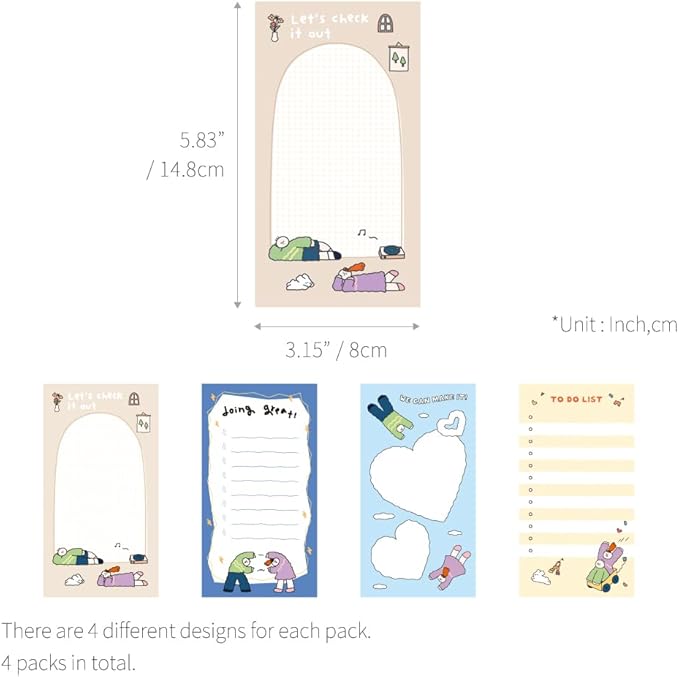 Monolike Memopad Olly Molly Weekend SET - 4 Packs, 4 Different Designs, 80 Sheets Per Pad, Total 320 Sheets, Note pads, Writing pads, 80x148mm