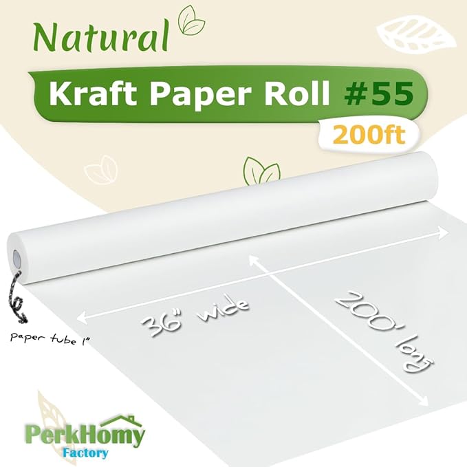 PerkHomy 36" x 2,400" (200') White Kraft Paper Roll for Craft Bulletin Board Paper Art Table Covering Crafting Gift Wrapping Bouquet Packing Parcel 80GSM 55LB (White, 36" x 200')
