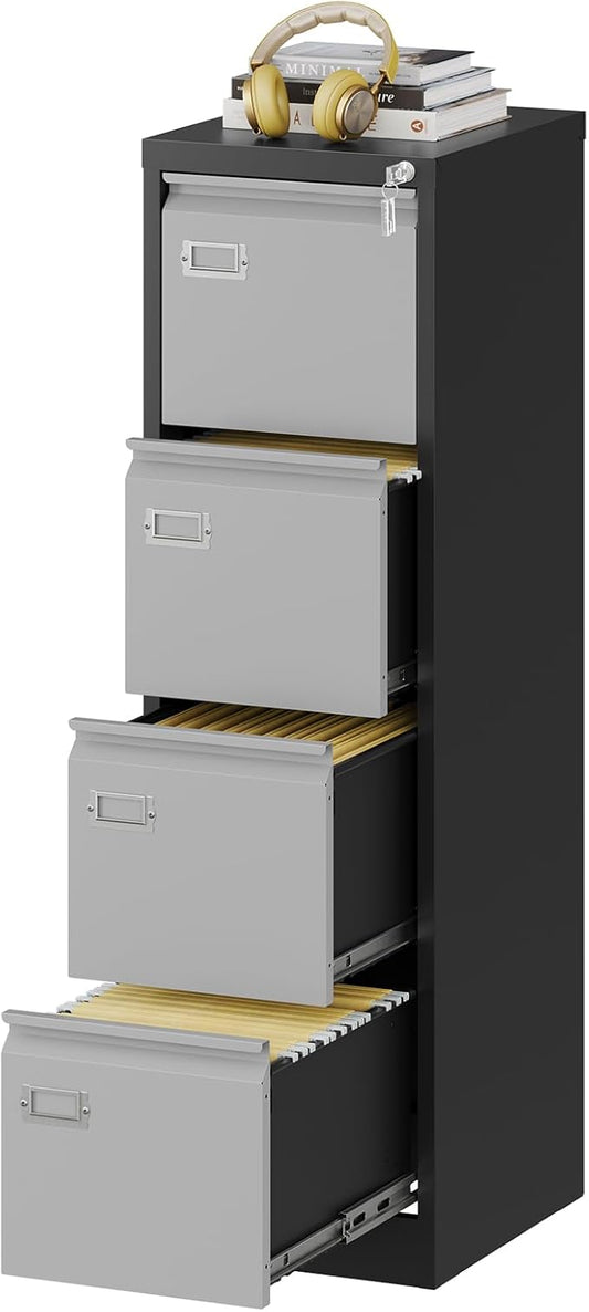 File Cabinets - 4 Drawers Vertical 17.8" Deep Lockable Filing Cabinet - Black & Gray Metal Storage Cabinets for Home Office to Hanging Files Letter/Legal/F4/A4 Size