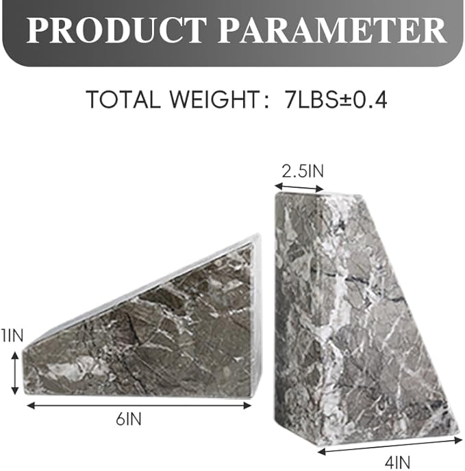 Koville Marble Bookends for Shelves, Large Bookends for Heavy Books, Natural Stone Book Stopper for Books CD Movies, Aesthetic Decorative Book Ends, Bookshelf Table Home Decor(Grey)