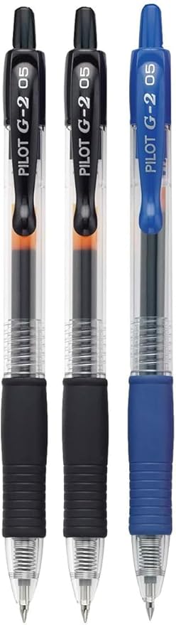 G2 Retractable Premium Gel Ink Roller Ball Pens Extra Fine Point (.5mm) Black/Blue Ink 3 pack; Refillable & Premium Comfort Grip Bundle with Plastic Reusable Pouch