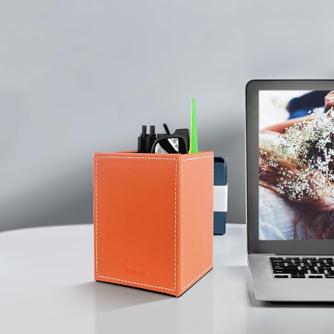 Pen Pencil Holder Cup Container PU Leather Desk Organizer Stand Decor Brush Scissor Holder Decoration Office Desk Home School (Orange, 3.54" x 3.54" x 4.72")