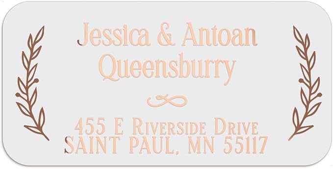 150 Personalized Return Address Labels with Laurel Design, Clear or White Custom Printed Address Stickers with Names & Address – Black, Gold, Rose Gold, Silver Text