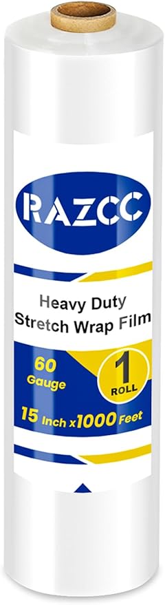 Stretch Film, RAZCC Stretch Wrap Industrial Strength, Shrink Wrap for Pallet Wrap, Heavy Duty Clear Plastic Wrap with Handles, Moving Wrapping Plastic Roll, 15" x 1000 Ft Per Roll, 60 Gauge, 1 Pack