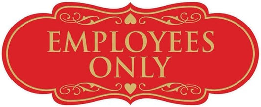 Designer EMPLOYEES ONLY Sign | Easy Installation | Office or Business Signs | Workplace Safety - Red/Gold - Medium (1 Pack)