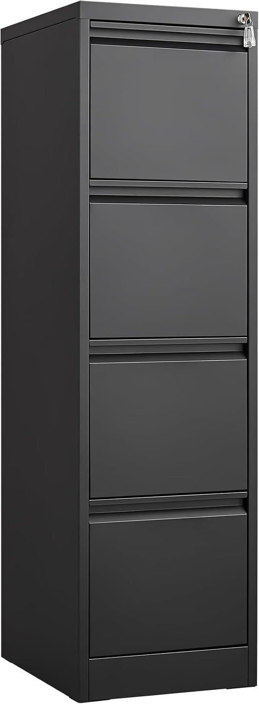 4 Drawer File Cabinet with Lock, Vertical File Cabinets for Home Office, Metal Filing Cabinets, Heavy Duty Steel Lockable Filing Storage Cabinet for Letter/Legal/A4/F4 Size Files, Black