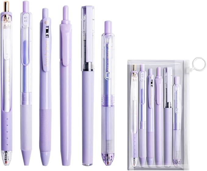 6 Count Pastel Gel Ink Pen Set,Cute Note Taking 0.5mm Fine Point Retractable 5 Count Black Ink Pens with 1 Count Highlighter for Writing, Journaling, School, Office (Purple)